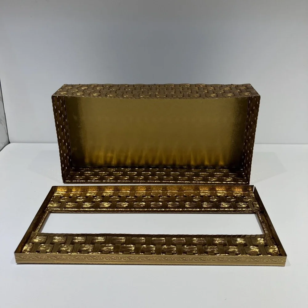 Vtg Gold Tone Metal Rectangular Tissue Box 2 Pc-Vanity Decor-Hollywood Regency